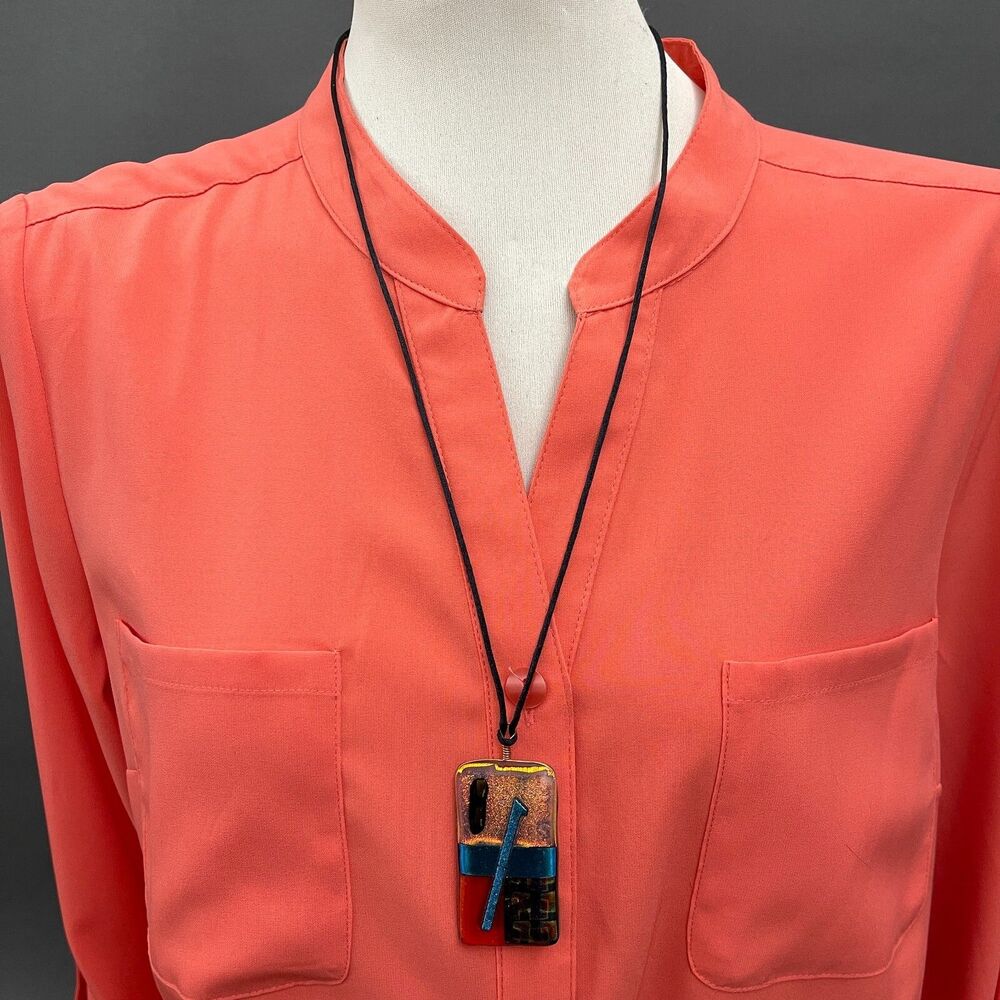 Black Cord Blue Red Rectangle Glass Women's Fashion Necklace‎ NWOT